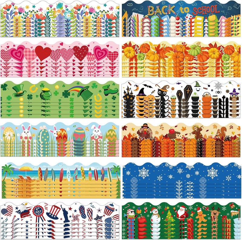 Geyee 360 Pcs Christmas Bulletin Board Borders Decorations Fall Thanksgiving Christmas Holiday Spring Easter Valentine Classroom Borders Bulletin Board Trim for Classroom School, 12 Design(Stylish) - Image 1
